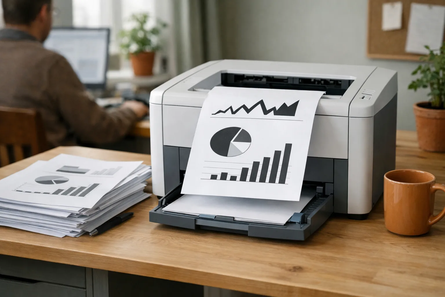 Svartvita papper vid en generisk laserskrivare.